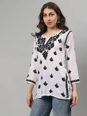 White hand embroidered modal lucknowi chikankari kurti 2