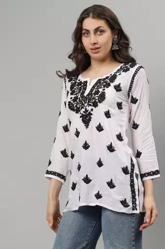 White hand embroidered modal lucknowi chikankari kurti