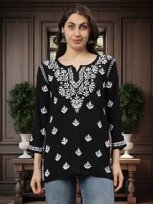Black hand embroidered modal lucknowi chikankari top 1