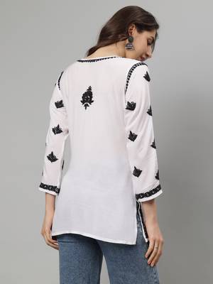 White hand embroidered modal lucknowi chikankari kurti 3