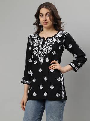 Black hand embroidered modal lucknowi chikankari top 2