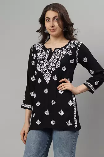Black hand embroidered modal lucknowi chikankari top