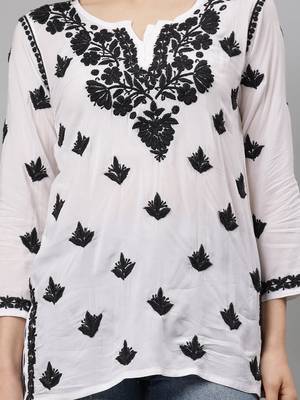 White hand embroidered modal lucknowi chikankari kurti 4