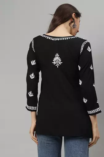 Black hand embroidered modal lucknowi chikankari top