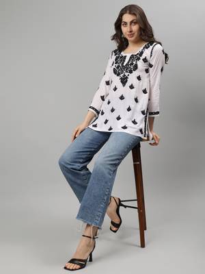 White hand embroidered modal lucknowi chikankari kurti 5