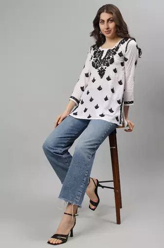White hand embroidered modal lucknowi chikankari kurti