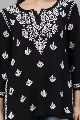 Black hand embroidered modal lucknowi chikankari top