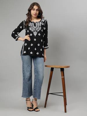 Black hand embroidered modal lucknowi chikankari top 5