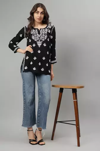 Black hand embroidered modal lucknowi chikankari top
