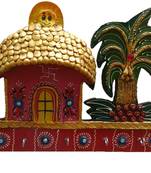 Rajasthani Hut and Tree Wood Key Holder (4 Hooks, Multicolor)