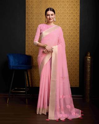 Pink Linen Blend Zari Border Floral work Saree With Blouse 1
