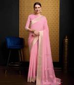 Pink Linen Blend Zari Border Floral work Saree With Blouse