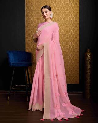 Pink Linen Blend Zari Border Floral work Saree With Blouse 2