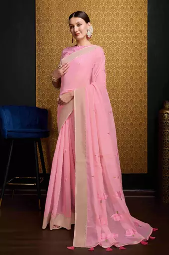 Pink Linen Blend Zari Border Floral work Saree With Blouse