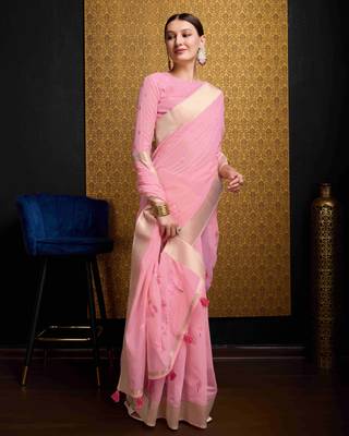 Pink Linen Blend Zari Border Floral work Saree With Blouse 3