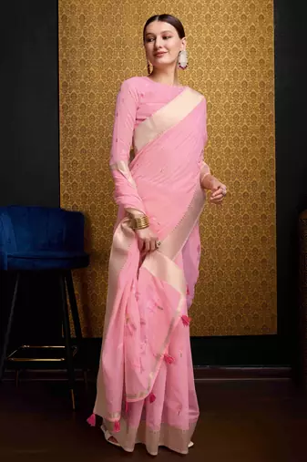 Pink Linen Blend Zari Border Floral work Saree With Blouse