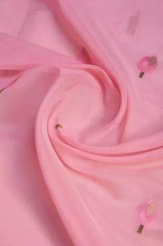 Pink Linen Blend Zari Border Floral work Saree With Blouse