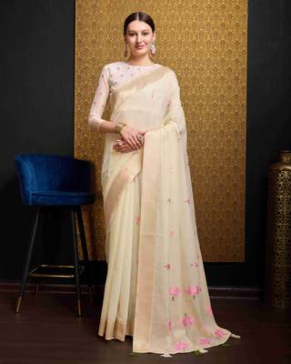 Cream Linen Blend Floral Thread work Treditional Stylish Saree With Blouse 1