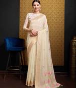 Cream Linen Blend Floral Thread work Treditional Stylish Saree With Blouse
