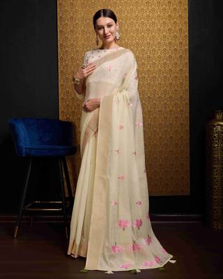 Cream Linen Blend Floral Thread work Treditional Stylish Saree With Blouse 2