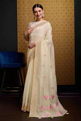 Cream Linen Blend Floral Thread work Treditional Stylish Saree With Blouse