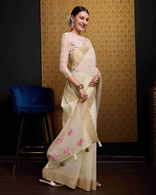 Cream Linen Blend Floral Thread work Treditional Stylish Saree With Blouse 3