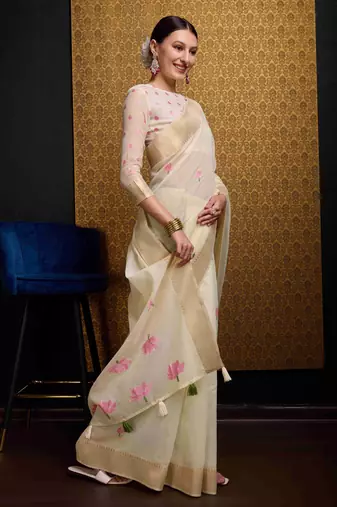Cream Linen Blend Floral Thread work Treditional Stylish Saree With Blouse