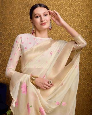 Cream Linen Blend Floral Thread work Treditional Stylish Saree With Blouse 4