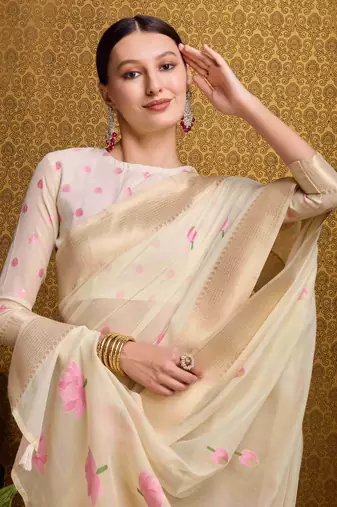 Cream Linen Blend Floral Thread work Treditional Stylish Saree With Blouse