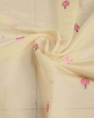 Cream Linen Blend Floral Thread work Treditional Stylish Saree With Blouse 5