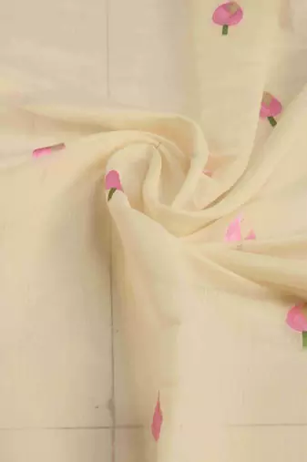 Cream Linen Blend Floral Thread work Treditional Stylish Saree With Blouse