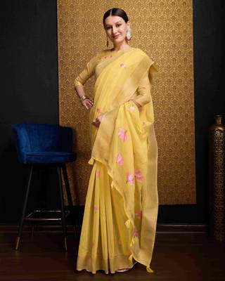Yellow Linen Blend Beautiful Floral design Zari Border saree with Blouse 1