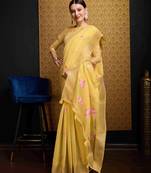 Yellow Linen Blend Beautiful Floral design Zari Border saree with Blouse