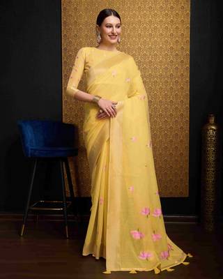 Yellow Linen Blend Beautiful Floral design Zari Border saree with Blouse 2