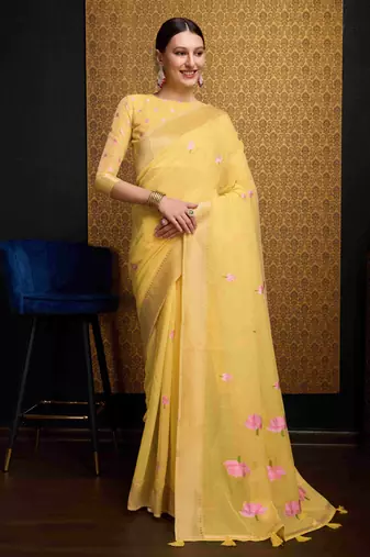 Yellow Linen Blend Beautiful Floral design Zari Border saree with Blouse