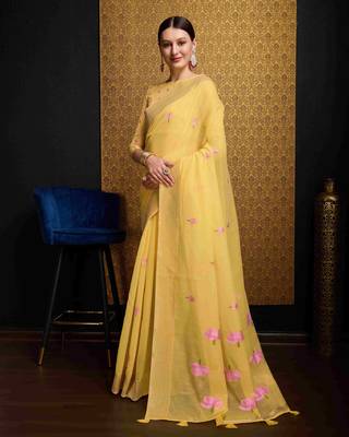 Yellow Linen Blend Beautiful Floral design Zari Border saree with Blouse 3