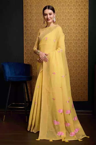 Yellow Linen Blend Beautiful Floral design Zari Border saree with Blouse
