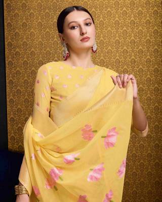 Yellow Linen Blend Beautiful Floral design Zari Border saree with Blouse 4