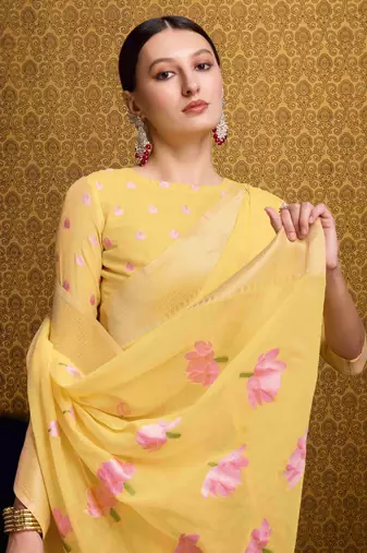 Yellow Linen Blend Beautiful Floral design Zari Border saree with Blouse