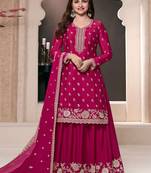 Rani pink chinon silk embroidered semi stitched ceremonial suits