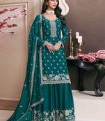 Teal chinon silk embroidered semi stitched ceremonial suits