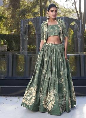 green Women's Tussar Silk With Floral Print Cord-Set 1