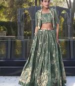 green Women's Tussar Silk With Floral Print Cord-Set