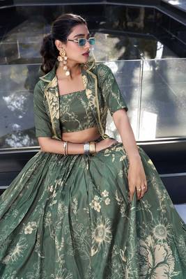 green Women's Tussar Silk With Floral Print Cord-Set 3