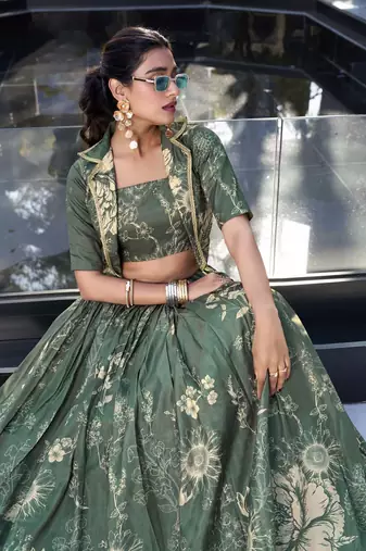 green Women's Tussar Silk With Floral Print Cord-Set