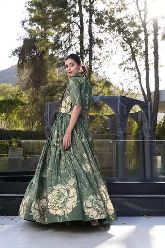 green Women's Tussar Silk With Floral Print Cord-Set