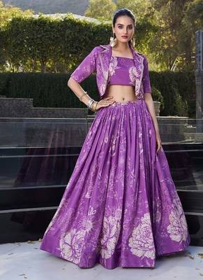 purple Women's Tussar Silk With Floral Print Cord-Set 1