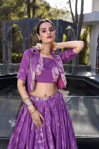 purple Women's Tussar Silk With Floral Print Cord-Set