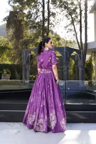 purple Women's Tussar Silk With Floral Print Cord-Set