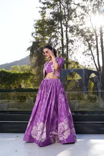 purple Women's Tussar Silk With Floral Print Cord-Set